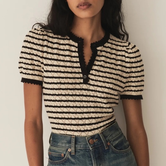 Doen Tops - Doen Brandie Cotton Silk Knit Short Sleeve Puff Sweater Top Allaire Stripe Cream